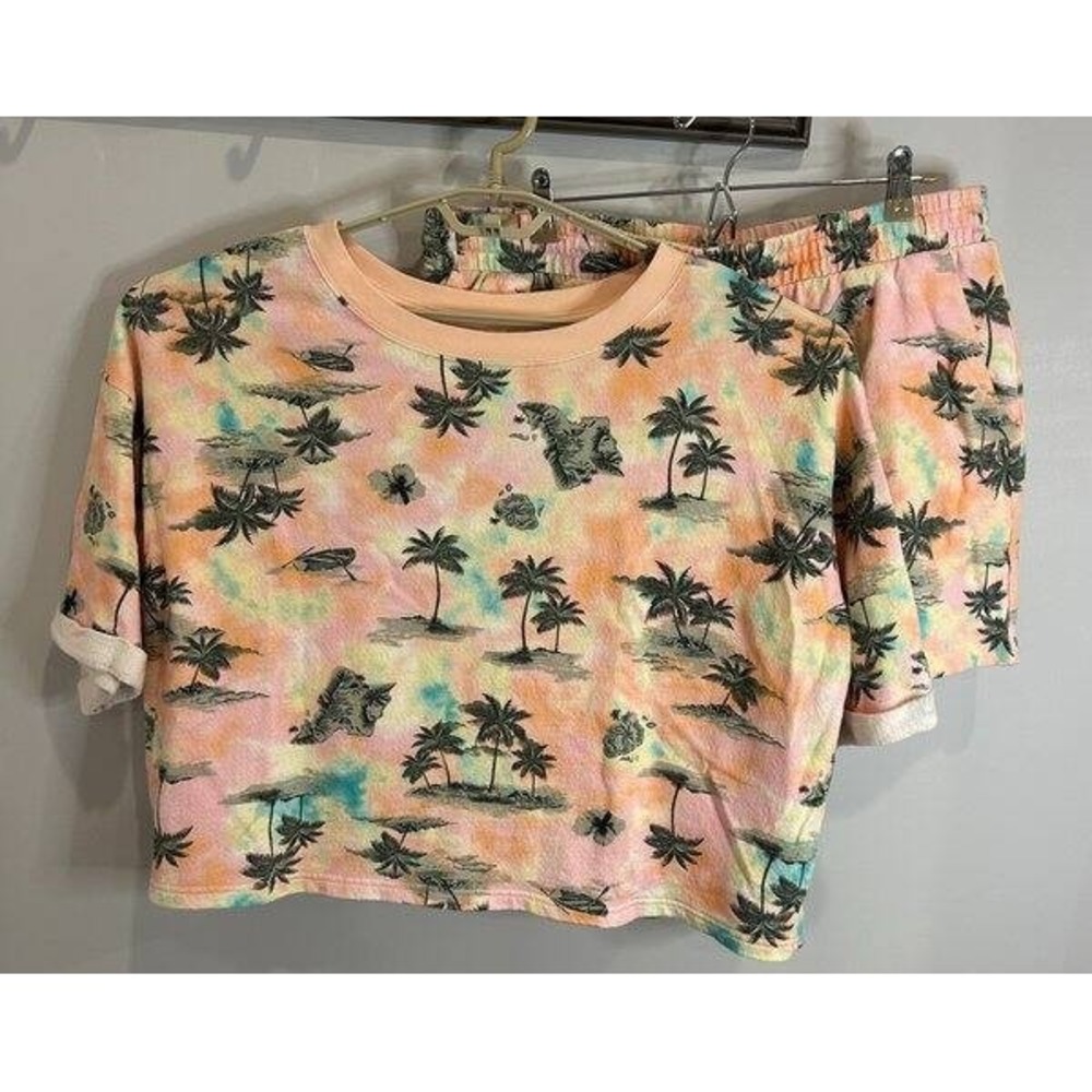 Old Navy Pink Palm Island Hawaii Terry Shorts Short Slx Crop Boxy Shirt Set‎ XL